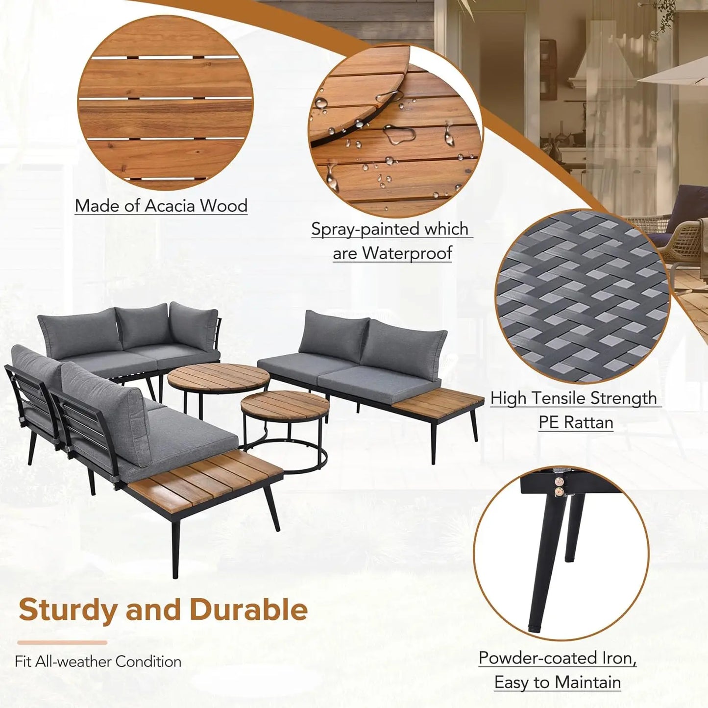 Modern Patio Furniture Set, 6-Piece Outdoor Sectional Sofa Set with Round Nesting Coffee Tables and Seating Sofa, Customized