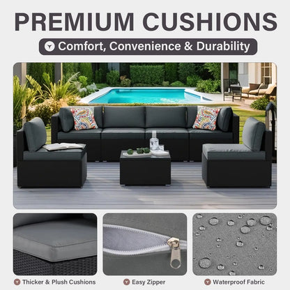 7-Piece Outdoor Patio Furniture Set, Outdoor Couch - Handwoven All-Weather Rattan & 4” Thick Waterproof Cushions,, Customized