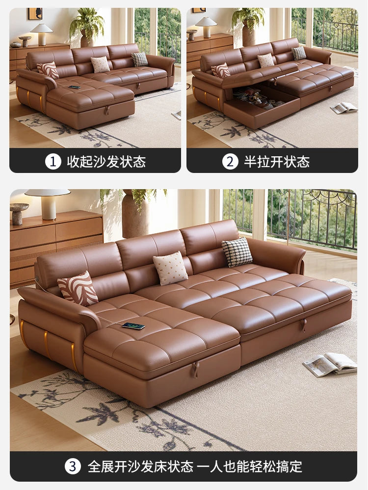 LH Electric Retractable Sofa Bed Dual-use Genuine Leather Small Apartment First Layer Cowhide Sofa