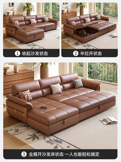 LH Electric Retractable Sofa Bed Dual-use Genuine Leather Small Apartment First Layer Cowhide Sofa
