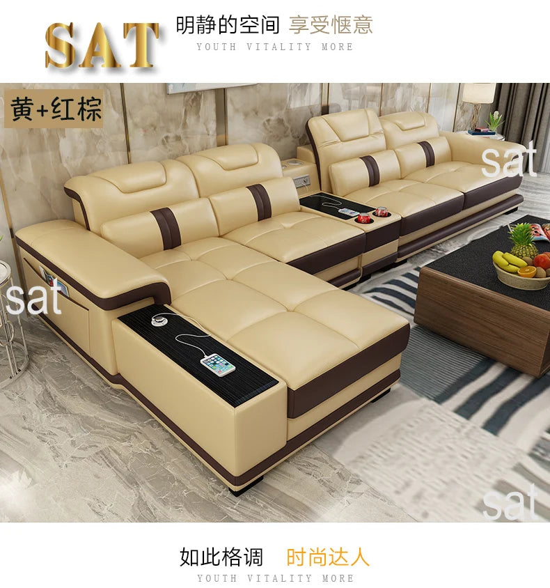 for Modern Living Room Sofas L Shape Corner Italian Genuine Leather Couch with Speake,Radio,USB, Bluetooth, Cup Holder