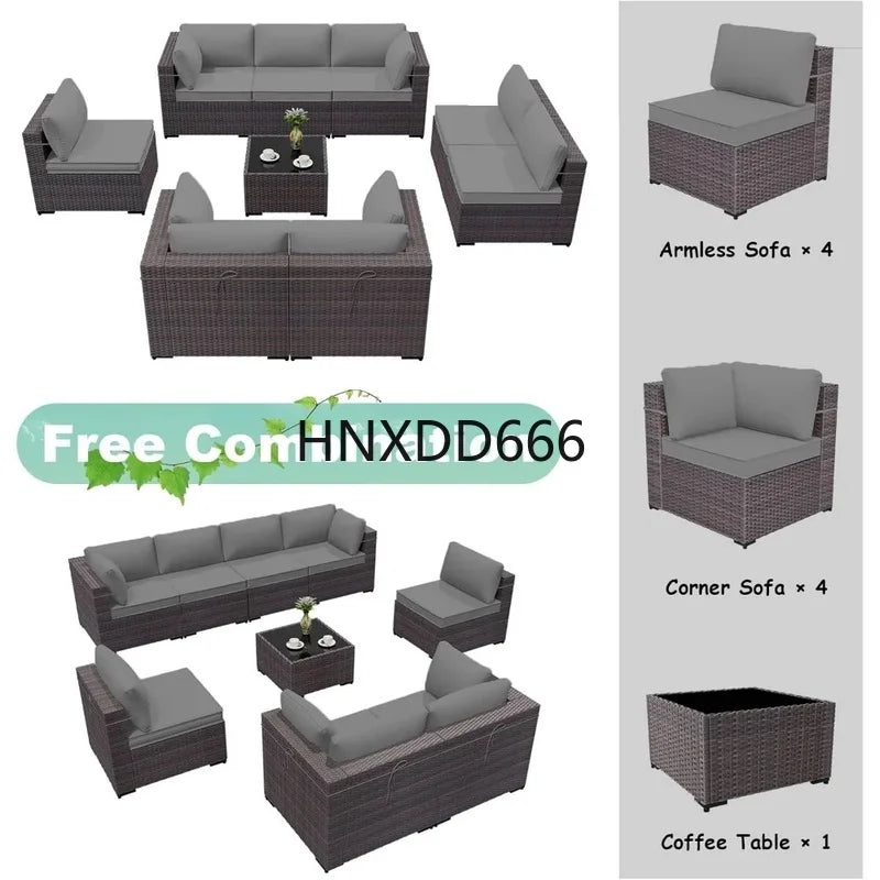 Outdoor Patio Sectional Sofa Set - 9 Piece Brown PE Rattan Conversation Furniture