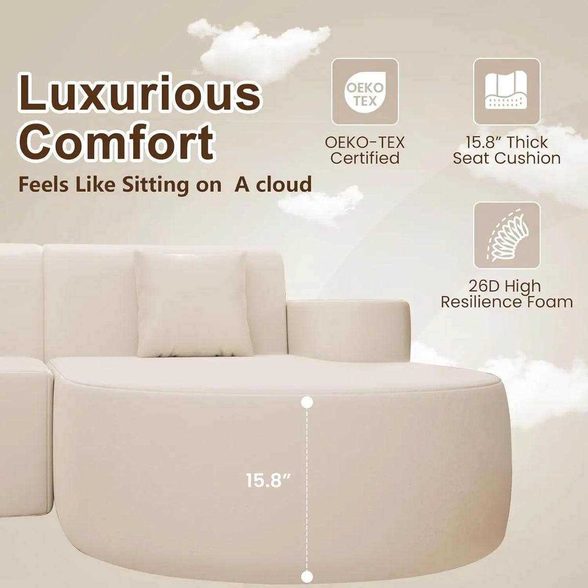 Modern Curved Boneless L-Shape Sectional Sofa Chenille Cloud Living Room Apartment Bedroom Right Facing, Customized
