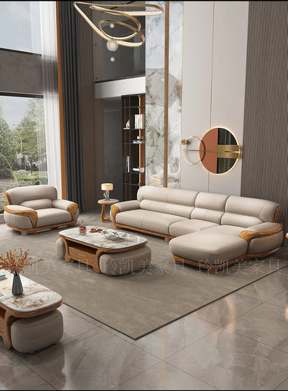 New Chinese ebony leather sofa living room combination size apartment first layer cowhide straight row sofa