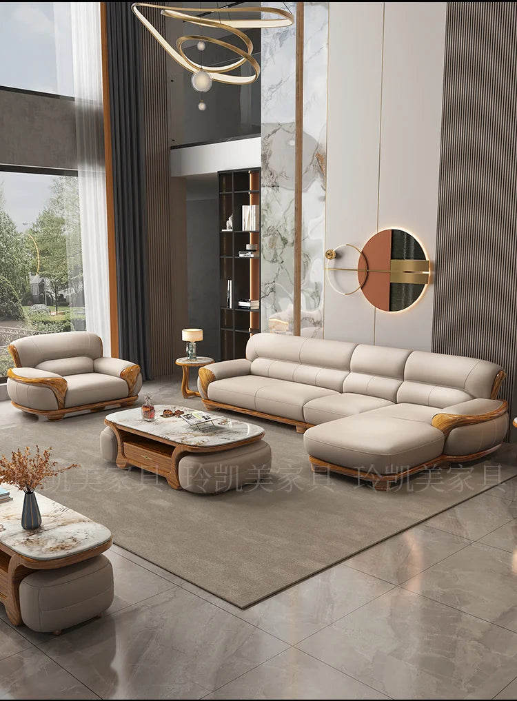 New Chinese ebony leather sofa living room combination size apartment first layer cowhide straight row sofa