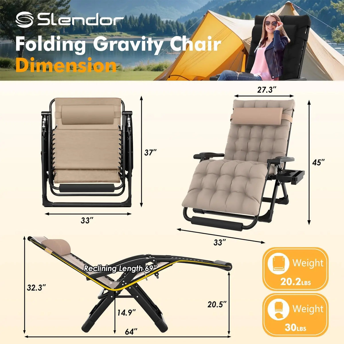 Oversized Zero Gravity Chair XXL, Padded Recliner with Aluminum Lock, Headrest, Cup Holder, Supports 500lbs, Khaki