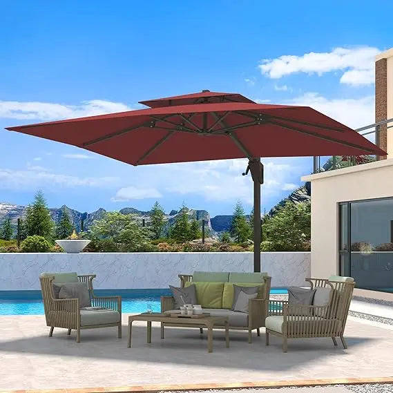 10 X 13 FT Cantilever Patio Umbrella Outdoor Heavy Duty Double Top Windproof Rectangle Offset Umbrellas with 360-degree Rotation