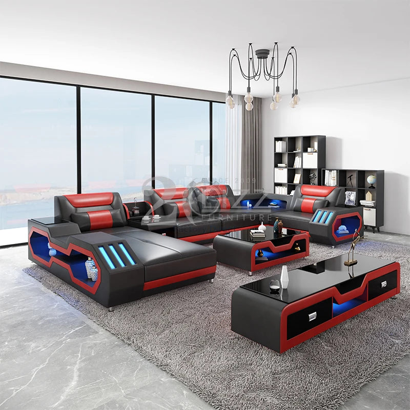Modern Design Leather Couch Sectional Living Room Sofa Set Furniture with LED