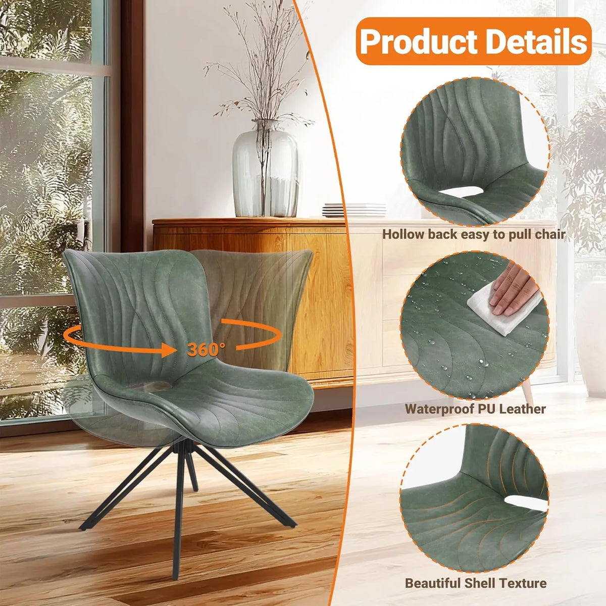 Dining Chairs Set of 2, 360° Swivel Armless Faux Leather Accent Chairs with Padded Back and Metal Legs, Mid-Century, Customized