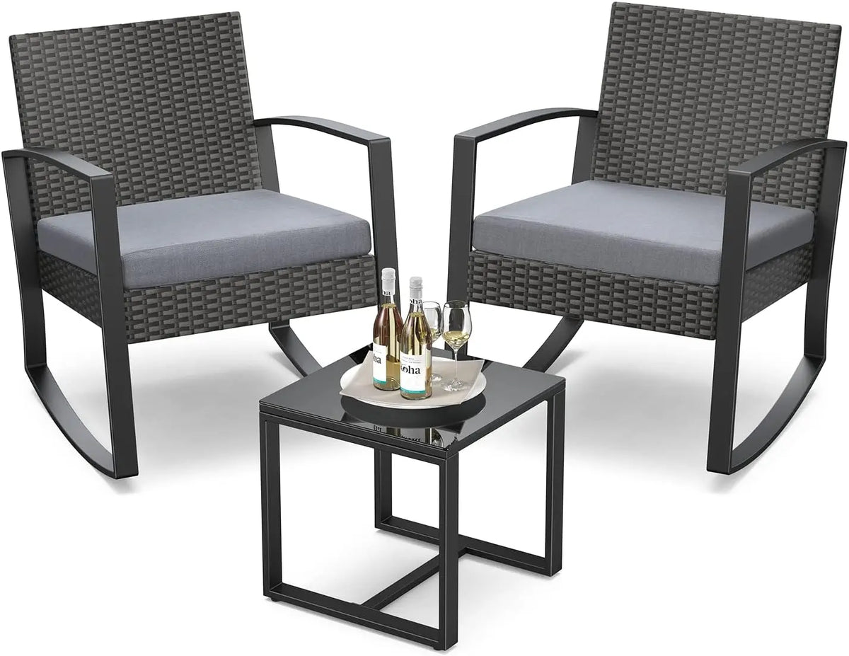 Outdoor Patio Furniture Set Rocking Bistro Set Outdoor Rattan Conversation with Coffee Table for Garden Balcony Backyard