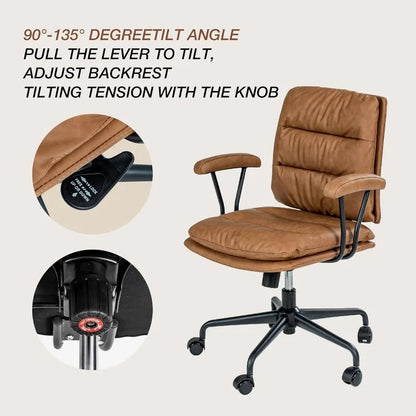 Modern Brown Office Chair，Mid-Back PU Leather Desk Chair with Comfy Arms and Lumbar Support for Small Spaces