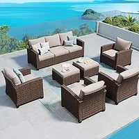 Patio Furniture Set Outdoor Furniture Brown Wicker Rattan Patio Conversation Sets with Cushion Outside Sofa Set,7 Pieces 9 Seats