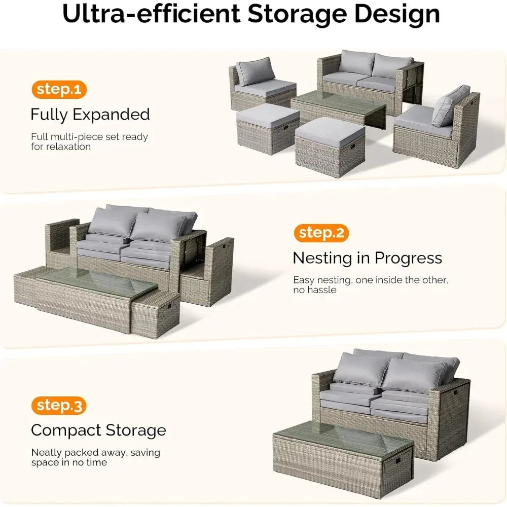 6-Piece Outdoor Wicker Sectional Furniture Set ，Space-Saving Design and Ottomans for Patio Conversation Area