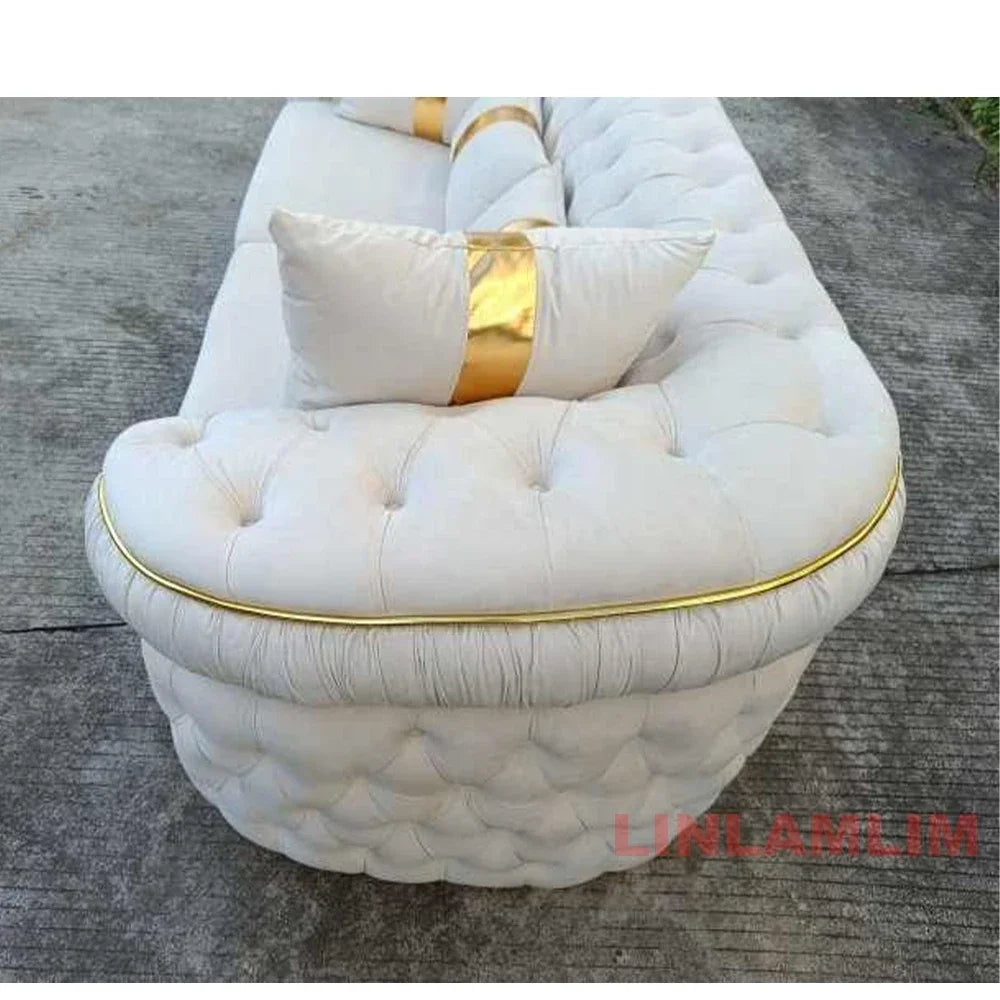 Luxury Chesterfield Sectional Sofa Set With Cloth Buttons And Fabric Modular Couch With Gold Stainless Steel Base, 3-seater