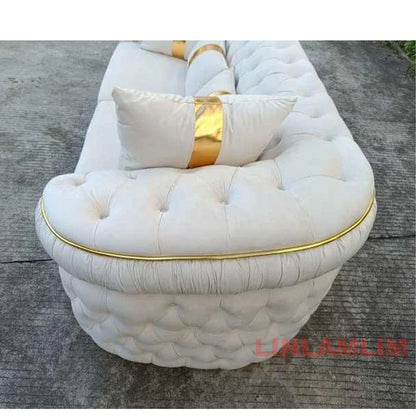 Luxury Chesterfield Sectional Sofa Set With Cloth Buttons And Fabric Modular Couch With Gold Stainless Steel Base, 3-seater