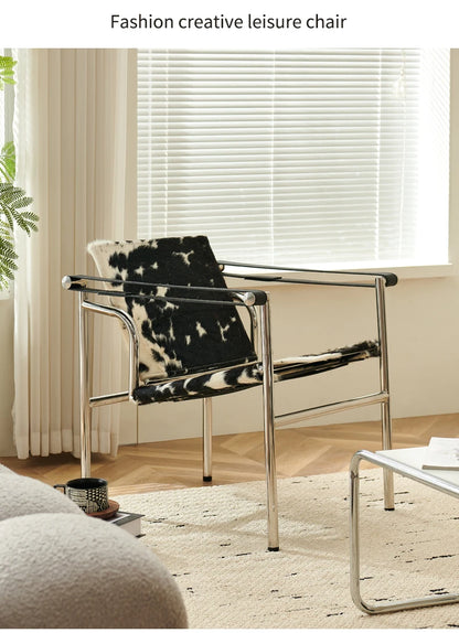 Single Leather Stainless Steel Leisure Chair, Living Room Balcony Study Swivel Chair, Business Meeting and Negotiation Chair