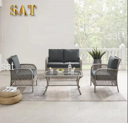 # New Arrival 4-Piece Rattan Patio Conversation Set With Blue Cushions