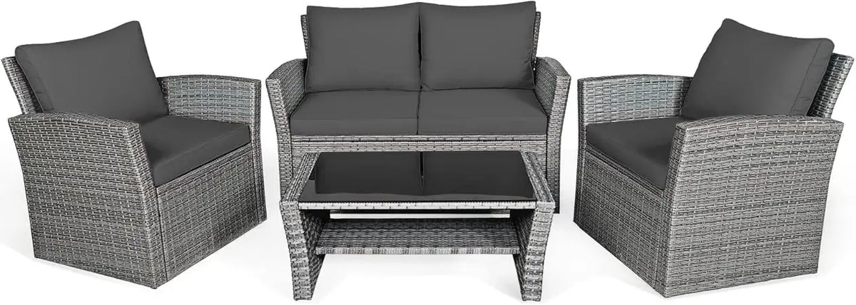 4 Pieces Patio Rattan Furniture Set, Outdoor Wicker Sofa Set with Tempered Glass Coffee Table, Cushions, All Weather Rattan Con