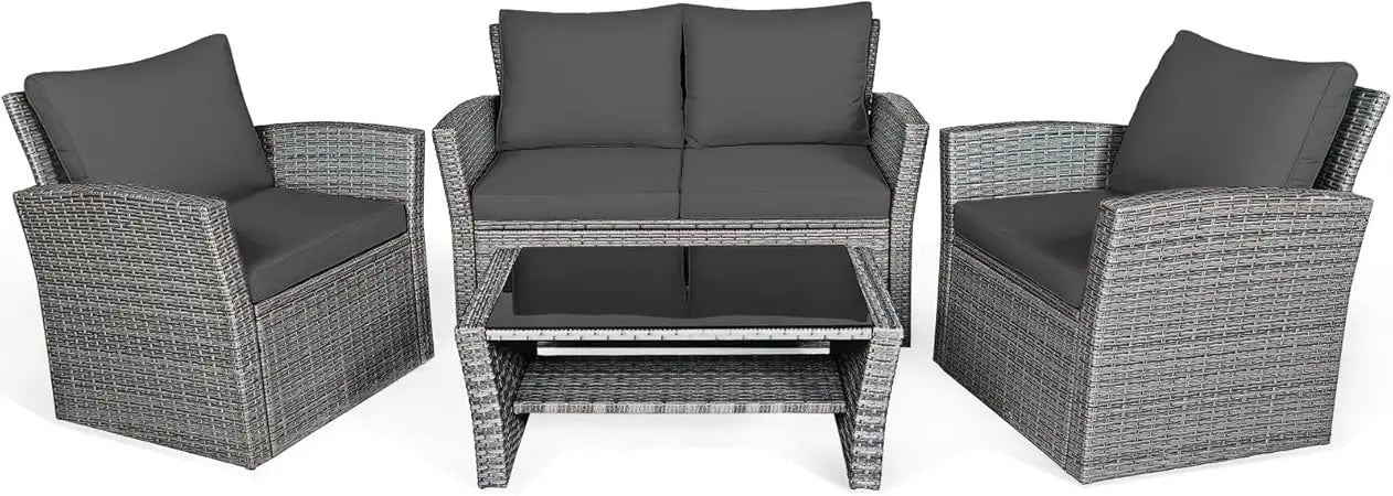 4 Pieces Patio Rattan Furniture Set, Outdoor Wicker Sofa Set with Tempered Glass Coffee Table, Cushions, All Weather Rattan Con