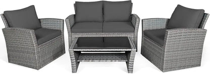 4 Pieces Patio Rattan Furniture Set, Outdoor Wicker Sofa Set with Tempered Glass Coffee Table, Cushions, All Weather Rattan Con