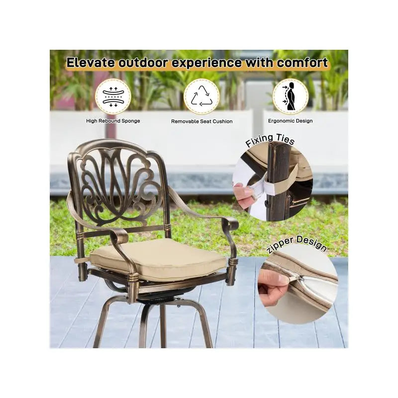 Outdoor Swivel Bar Stools Set of 2, Cast Aluminum Patio Bar Height Chairs, All-Weather Swivel Dining Chairs for Outdoor