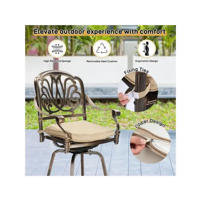 Outdoor Swivel Bar Stools Set of 2, Cast Aluminum Patio Bar Height Chairs, All-Weather Swivel Dining Chairs for Outdoor