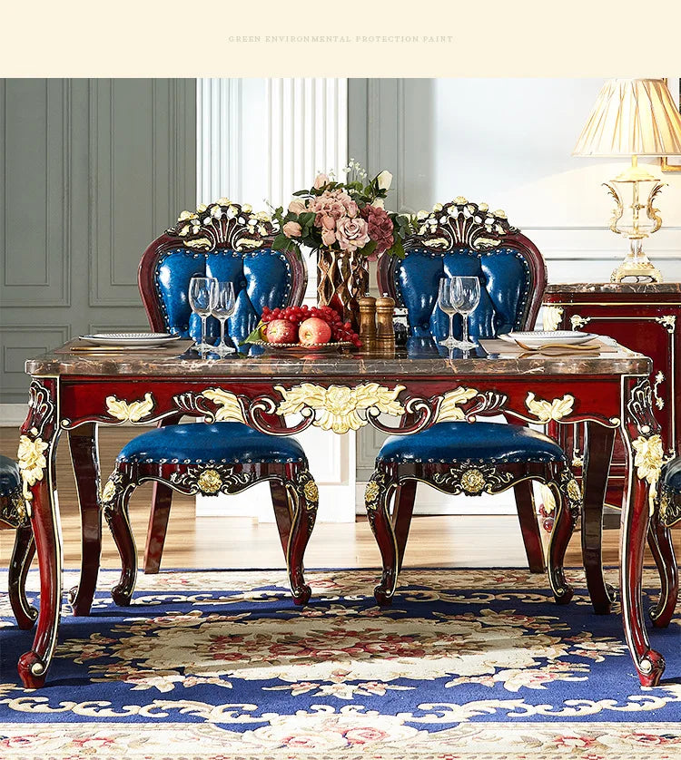 SGF European-style Marble Solid Wood Dining Table Carved Dining Table and Chair Set