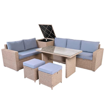 6-Piece Outdoor All Weather PE Rattan Sofa Set, Garden Patio Wicker Sectional Furniture Set with Adjustable Seat,Natural