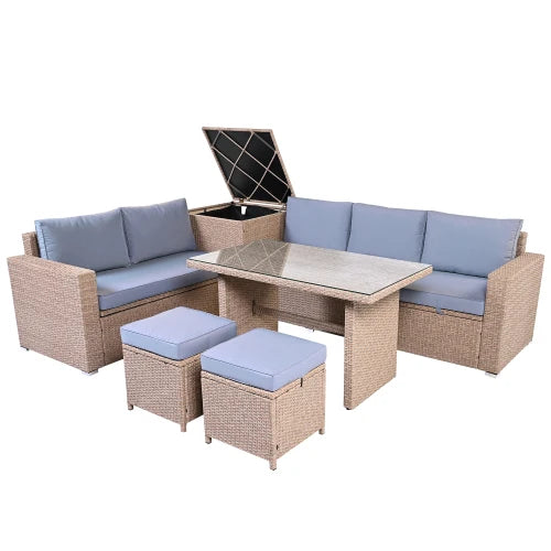 6-Piece Outdoor All Weather PE Rattan Sofa Set, Garden Patio Wicker Sectional Furniture Set with Adjustable Seat,Natural