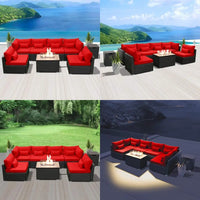wicker rattan outdoor patio furniture with fire pit and sectional sofa seating
