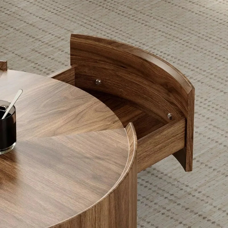 Simple living room coffee table, round wooden coffee table, wooden center, coffee table with drawers