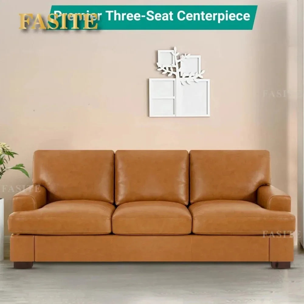 Genuine Leather Sofa - Luxurious Comfort, Goose Feather Cushion Filling, Square Arm Design, Sturdy Block Legs,