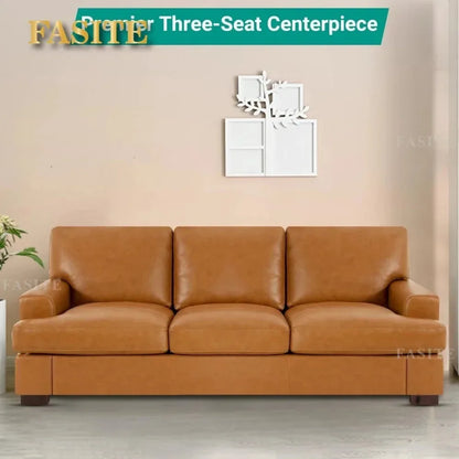 Genuine Leather Sofa - Luxurious Comfort, Goose Feather Cushion Filling, Square Arm Design, Sturdy Block Legs,