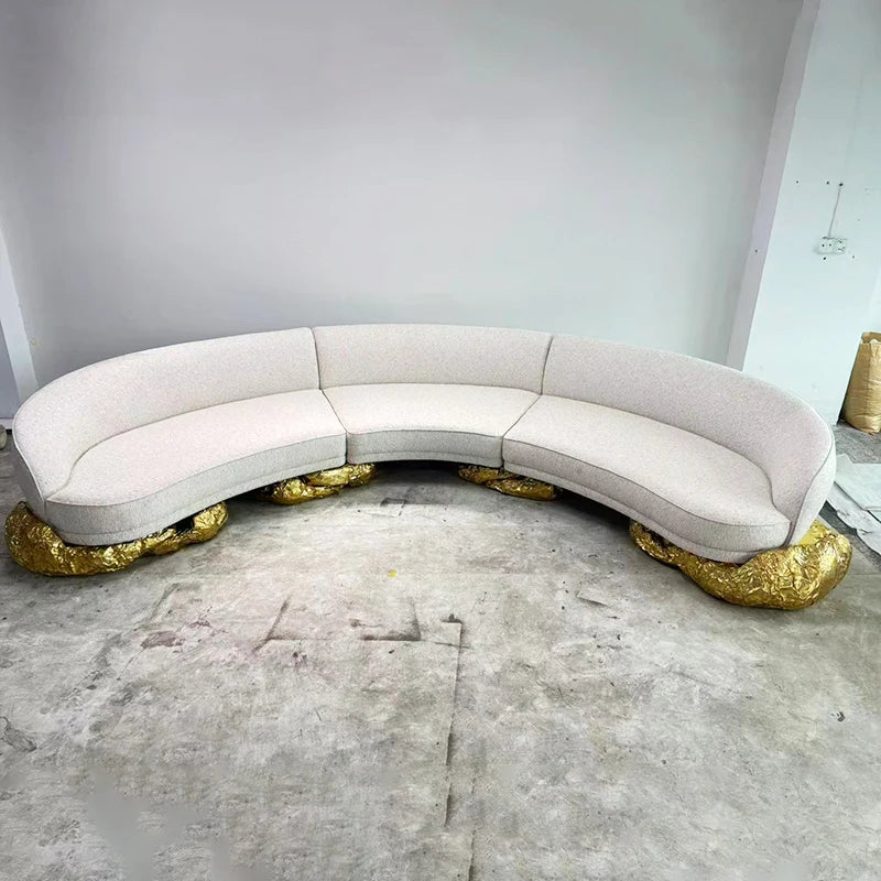 Manufacturer Villa Home Family Furniture Copper Base Nordic Curved Living Room Sofas 5-6 Seats White Fabric Modern Curved Sofa