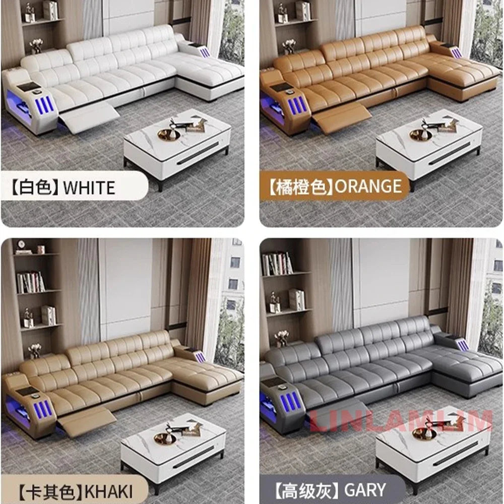 Modern Sectional Sofa Bed with LED Light, Electric Recliner and Massage | Living Room Genuine Leather Couch with Cup Holder, USB
