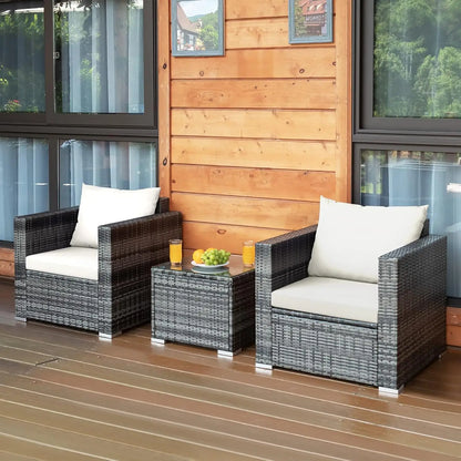 3-Piece Patio Furniture Set with PE Rattan, Washable Cushions, and Tempered Glass Table for Outdoor Garden Poolside
