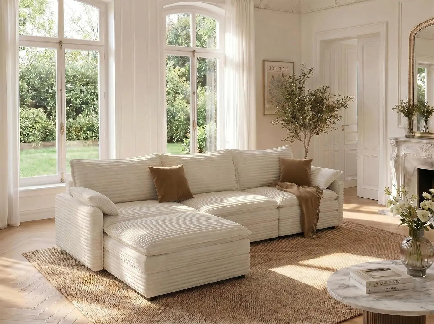 108" L-Shaped Chenille Cloud Sectional Sofa, Deep Seat Modular Couch with Movable Ottoman, Customized