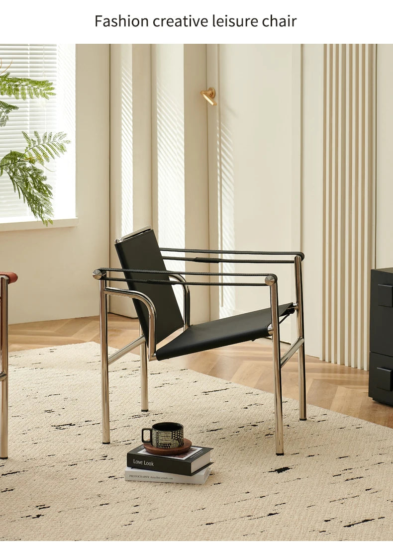 Single Leather Stainless Steel Leisure Chair, Living Room Balcony Study Swivel Chair, Business Meeting and Negotiation Chair