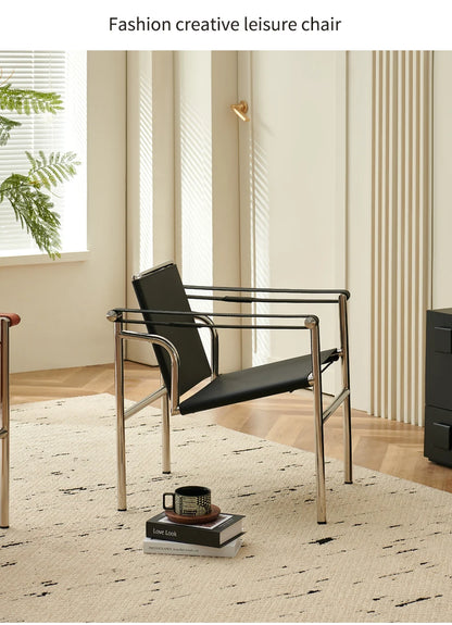 Single Leather Stainless Steel Leisure Chair, Living Room Balcony Study Swivel Chair, Business Meeting and Negotiation Chair