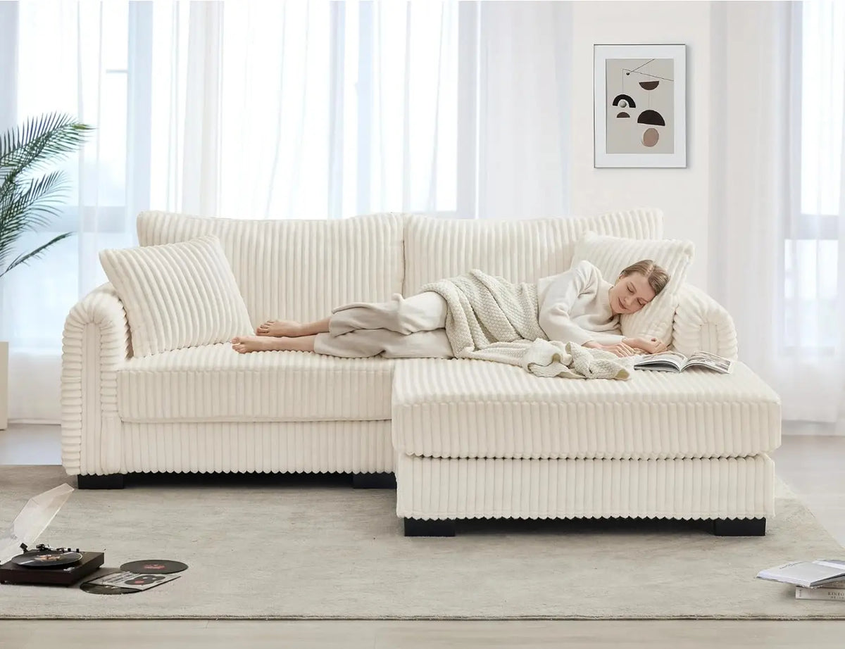L-Shaped Sectional Sofa, Oversized Loveseat Corduroy Couch with Reversible Chaise, USB Charging Port, Side Pocket, Deep Seat Cor