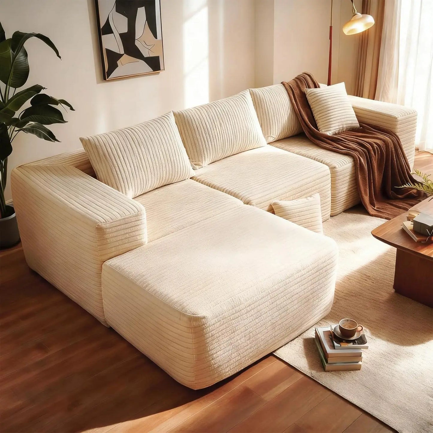 109.5" Modular Sectional Sofa, Modern L-Shape Cloud Sectional Couch with Deep Seat, Comfy Corduroy Fluffy Couch for Living Room