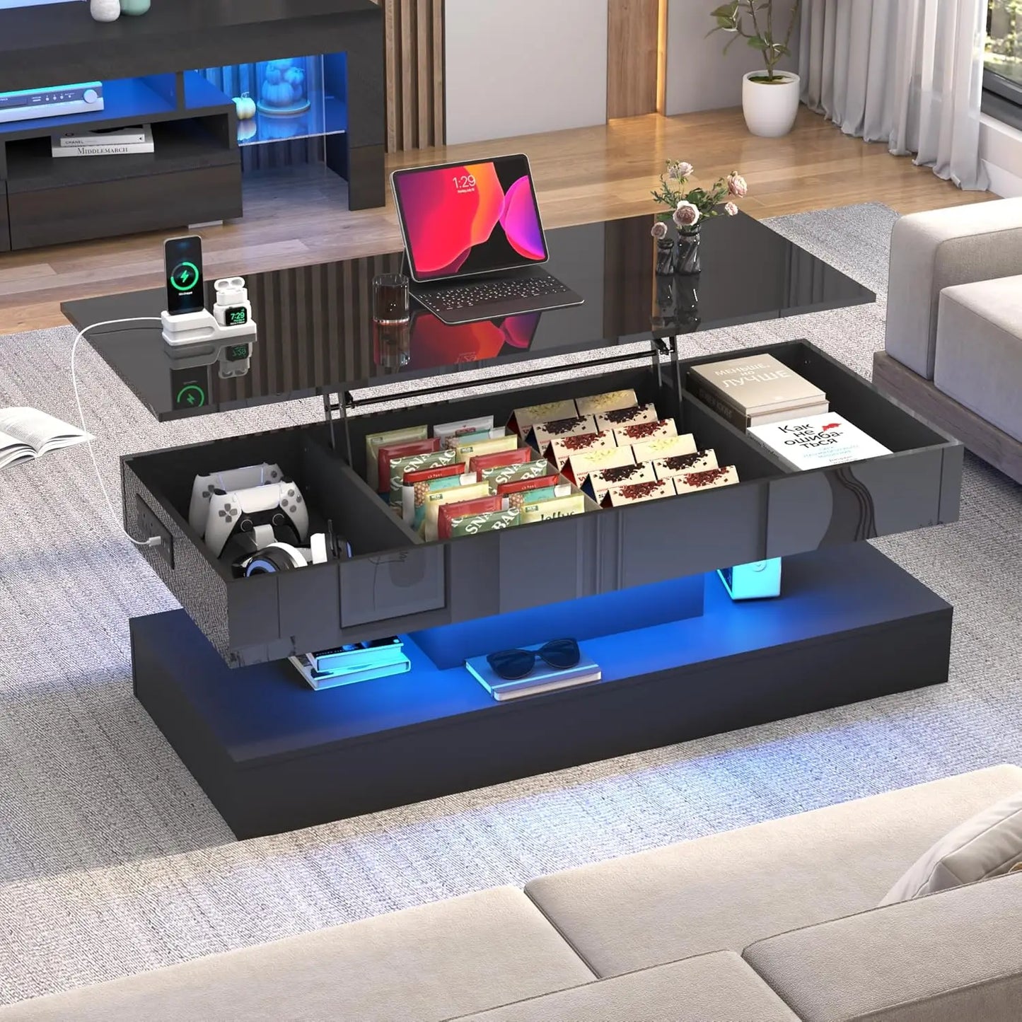 47.2' Lift Top Coffee Table, Modern LED Storage Table, Black for Living Room, Dining Room, Bedroom, Home Office
