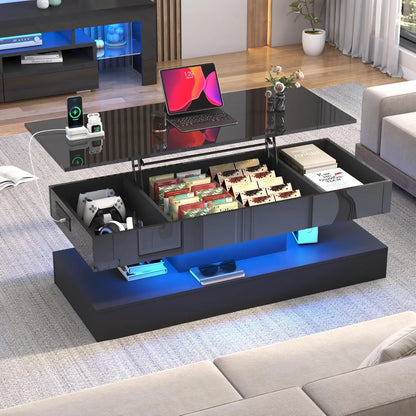 47.2' Lift Top Coffee Table, Modern LED Storage Table, Black for Living Room, Dining Room, Bedroom, Home Office