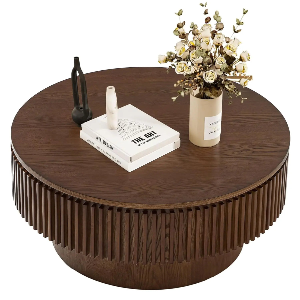 Round Coffee Table For Living Room, Accent Fluted Drum Coffee Table With Storage, Modern Solid Wood Circle Center Tea Table For