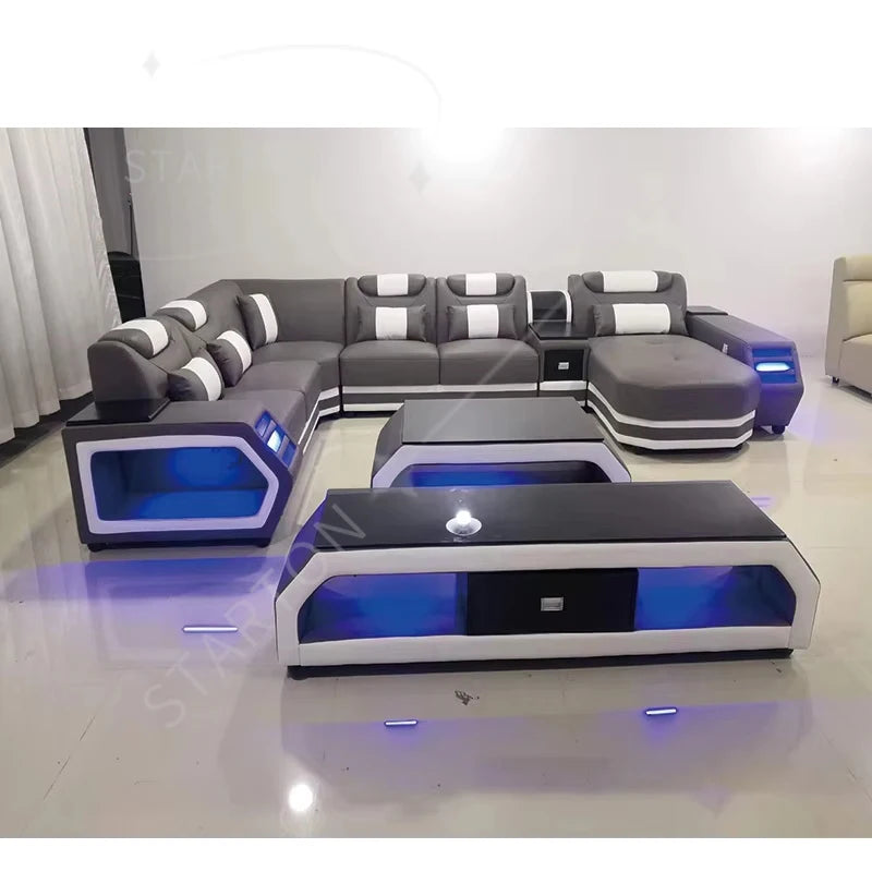 Modern Design Leather L Shape Sofa Set Living Room Home Furniture  Leather Sofa Set Usb Charge Sofa With Music Play