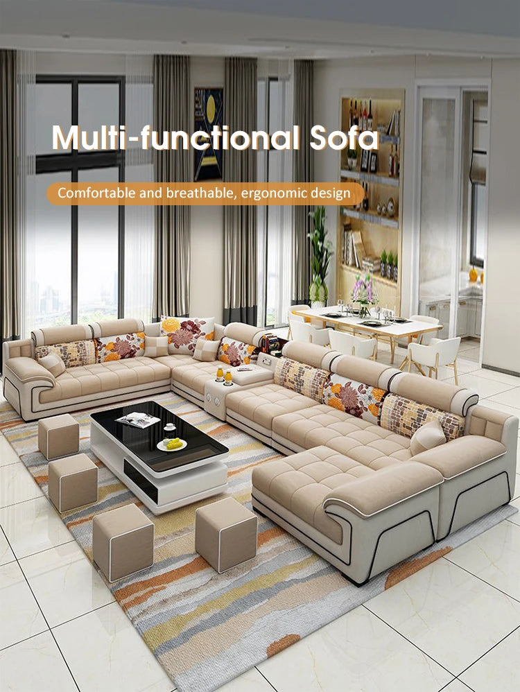 Modern Living Room Lounge 7 Seater U Shaped Sofa Set Furniture L Shape Sectional Couch Luxury Microfiber Fabric Modular Sofa