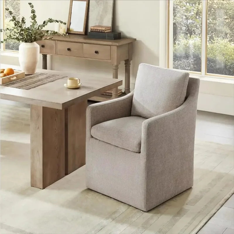 Khaki Upholstered Dining Chair with Casters, Modern Accent Armchair for Dining Room, Bedroom, Living Room, and Reading Room
