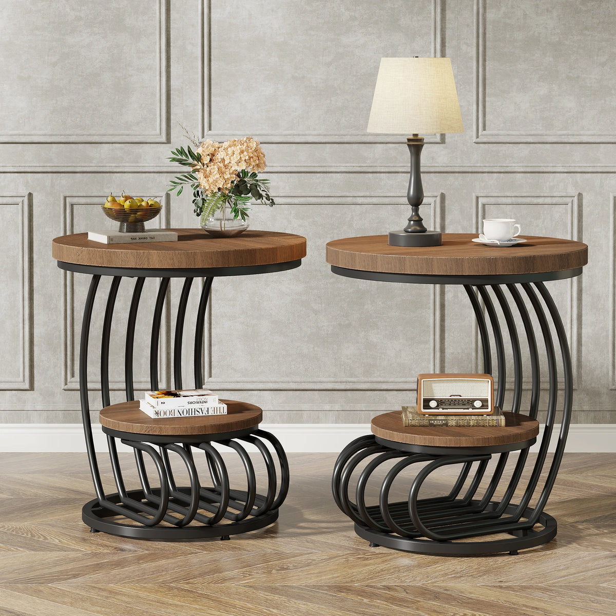Tribesigns Gold Round End Table: 2 Tiers Faux Marble Side Table with Storage Shelf, Modern White Gold Bedside Nightstand