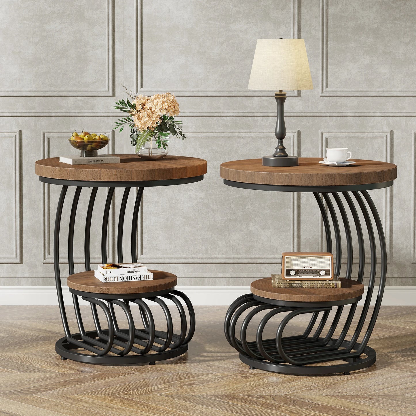 Tribesigns Gold Round End Table: 2 Tiers Faux Marble Side Table with Storage Shelf, Modern White Gold Bedside Nightstand