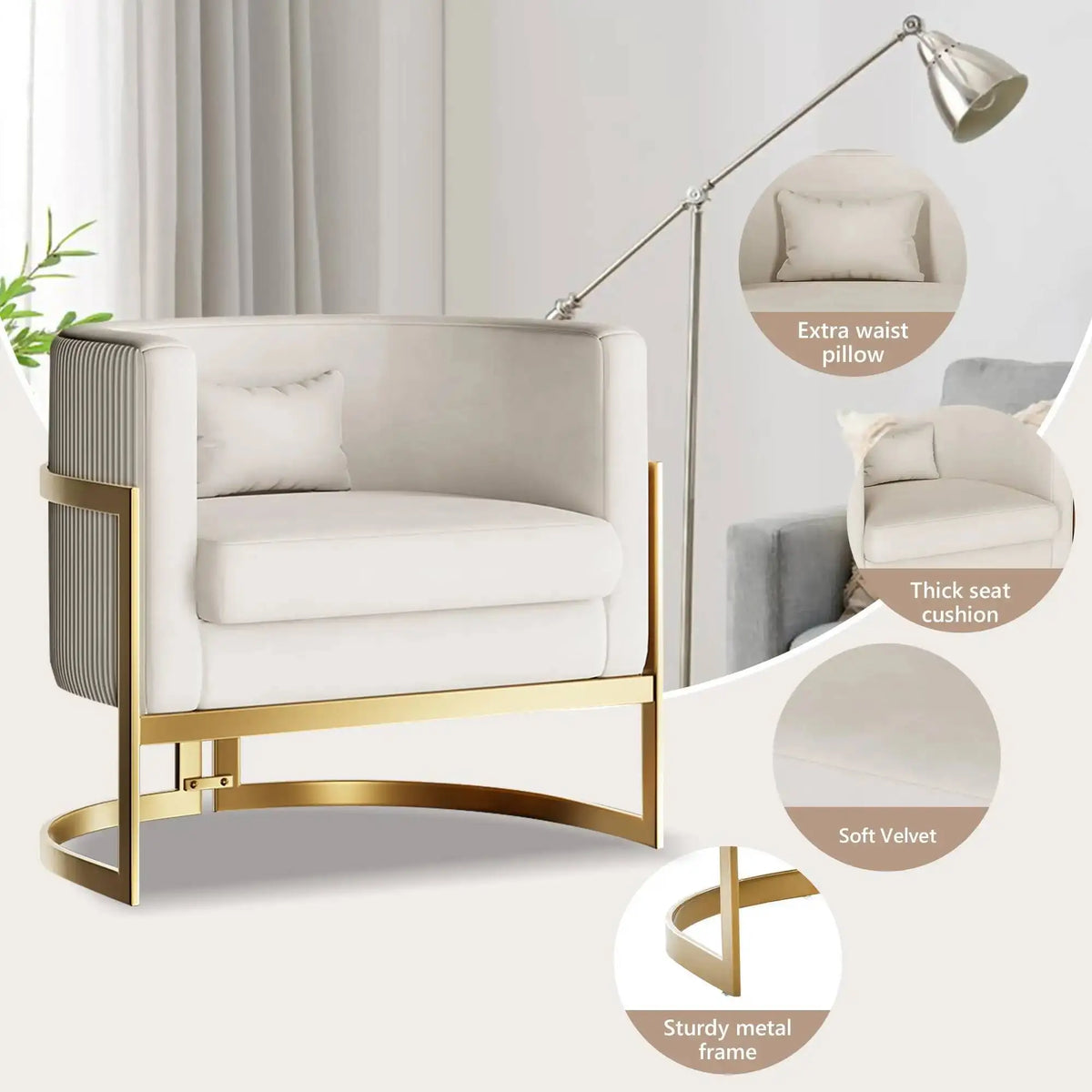 Velvet Upholstered Accent Chair with Gold Frame, Modern Barrel Armchair for Bedroom, Living Room, or Vanity Corner